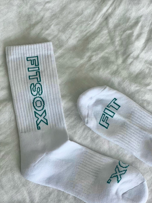 Fitsox Crew Cotton Socks - White (Green Writing)